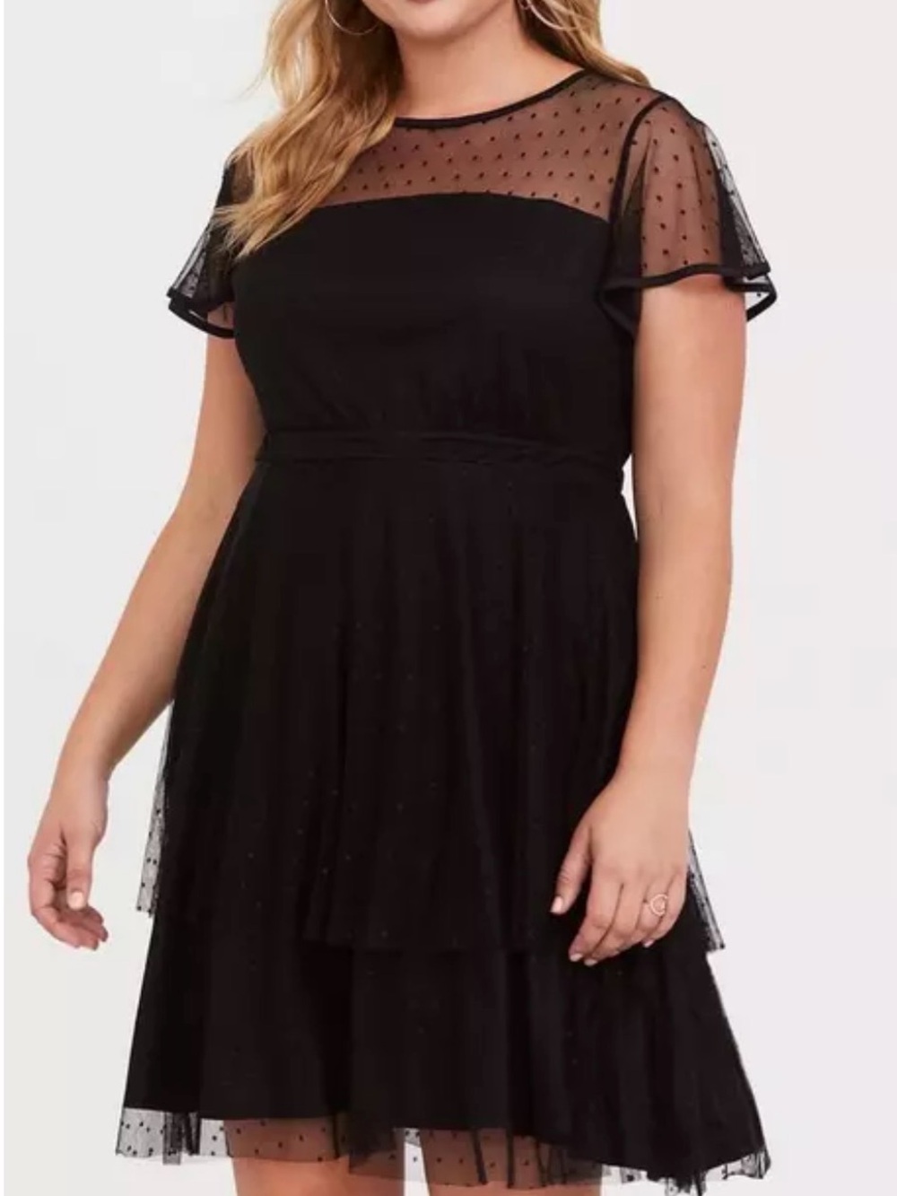 Torrid Dotted Lace Dress 2X Tiered Ruffles Flutter Sleeve Lined Knee Length
